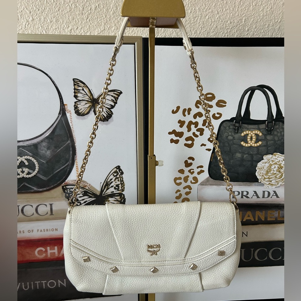 MCM White and Gold Leather Clutch/ Shoulder Bag with Chain Details